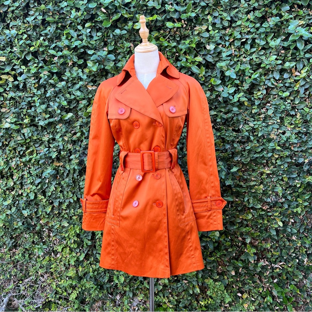 Jessica Simpson Retro 70s Style Vibrant Pumpkin Orange Satin Trench Coat